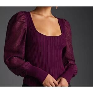 Anthropologie Ribbed Puff Sleeve Top Sheer Sleeve